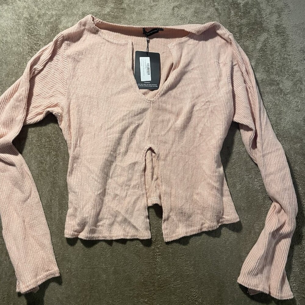 NWT Pretty Little Thing Womens 18 Terry Ribbed Blush Pink Split Neck Long Sleeve